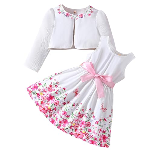 Fnaobai Kleine Mädchen Kleid und Strickjacke Sets 2-teiliges ärmelloses Kleid mit Blumendruck Spitzenrand Pullover Frühling volle Kleidung für 2-7 Jahre von Fnaobai
