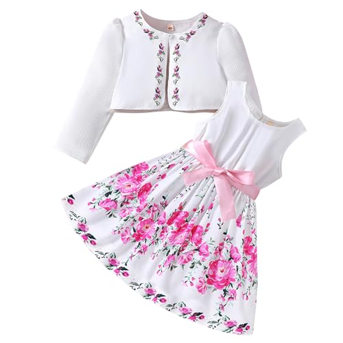 Fnaobai Kleine Mädchen Kleid und Strickjacke Sets 2-teiliges ärmelloses Kleid mit Blumendruck Spitzenrand Pullover Frühling volle Kleidung für 2-7 Jahre von Fnaobai