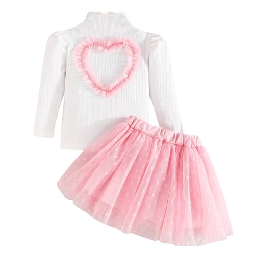 Fnaobai Kleinkind Baby Mädchen Röcke Outfit Frühling Herbst Kinder Kleidung Liebe Herz Langarm Rippstrick Tops Mesh Tutu Rock Set, Rosa, 18-24 Months von Fnaobai