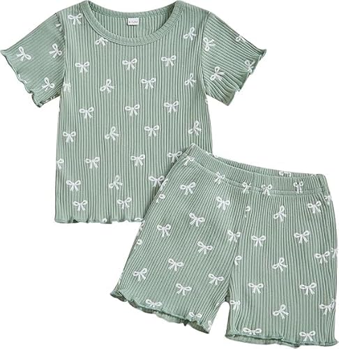 Fnaobai Kleinkind Baby Mädchen Sommer Kleidung Rüsche Gerippt Strick Kurze Ärmel Niedliche Schleife T-Shirt Tops und Shorts Outfit von Fnaobai