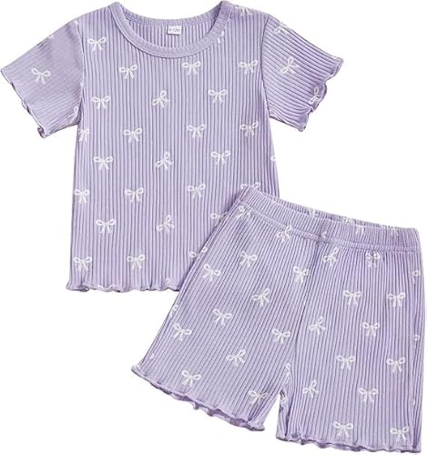 Fnaobai Kleinkind Baby Mädchen Sommer Kleidung Rüsche Gerippt Strick Kurze Ärmel Niedliche Schleife T-Shirt Tops und Shorts Outfit von Fnaobai