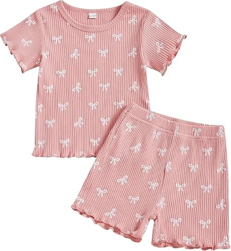 Fnaobai Kleinkind Baby Mädchen Sommer Kleidung Rüsche Gerippt Strick Kurze Ärmel Niedliche Schleife T-Shirt Tops und Shorts Outfit von Fnaobai