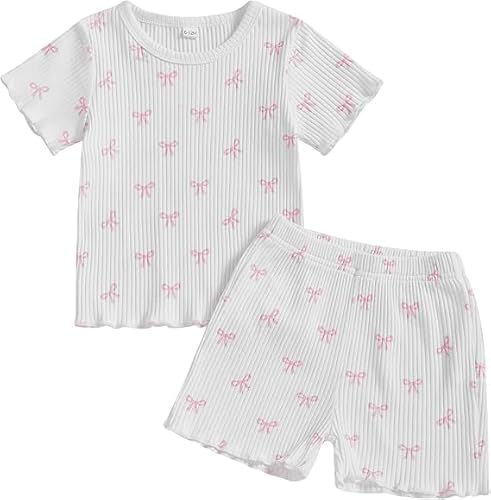 Fnaobai Kleinkind Baby Mädchen Sommer Kleidung Rüsche Gerippt Strick Kurze Ärmel Niedliche Schleife T-Shirt Tops und Shorts Outfit von Fnaobai