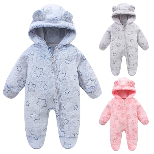 Fnaobai Neugeborenes Winter Schneeanzug Baby Mädchen Junge Bärenohr Fleece Kapuzenstrampler Kleinkind Footie Jumpsuit Oberbekleidung Mäntel (Blau, 70CM(6-9M)) von Fnaobai