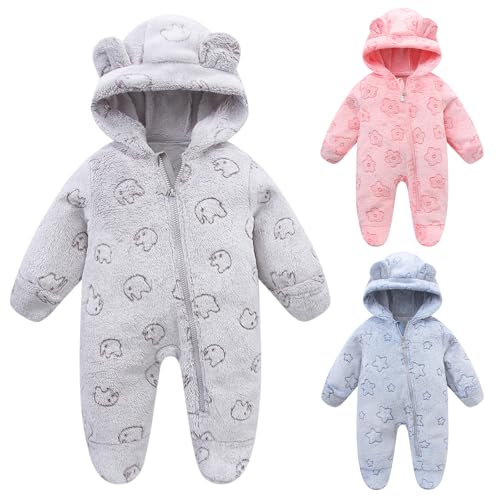 Fnaobai Neugeborenes Winter Schneeanzug Baby Mädchen Junge Bärenohr Fleece Kapuzenstrampler Kleinkind Footie Jumpsuit Oberbekleidung Mäntel (Grau, 80CM(9-12M)) von Fnaobai