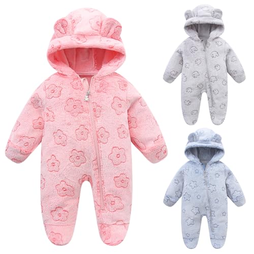 Fnaobai Neugeborenes Winter Schneeanzug Baby Mädchen Junge Bärenohr Fleece Kapuzenstrampler Kleinkind Footie Jumpsuit Oberbekleidung Mäntel (Rose, 60CM(3-6M)) von Fnaobai