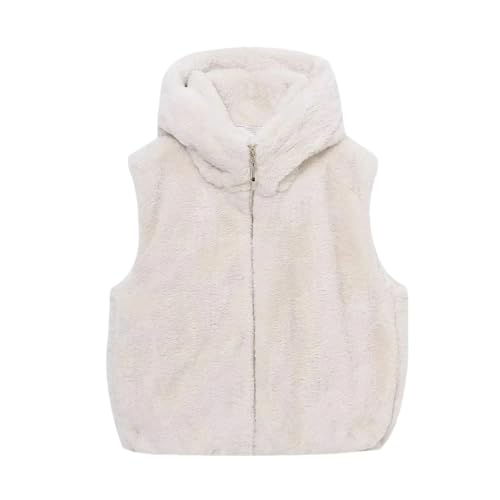 Fnfmrfmr Frauen Herbst Winter Kapuzenweste Casual Fleece Reißverschluss Weste Mantel Dicke Warme Kurze Weste, beige, 36 von Fnfmrfmr