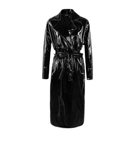 Fnfmrfmr Frauen Lange EN8 Lackleder Trenchcoat Einreiher Gürtel Taschen Lose Oberbekleidung, Schwarz, X-Large von Fnfmrfmr