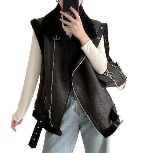 Fnfmrfmr Frauen Schwarz Faux Leder Weste Lose Verdickt Warm Mit Gürtel Motorrad Ärmellose Weste, Schwarz , L von Fnfmrfmr