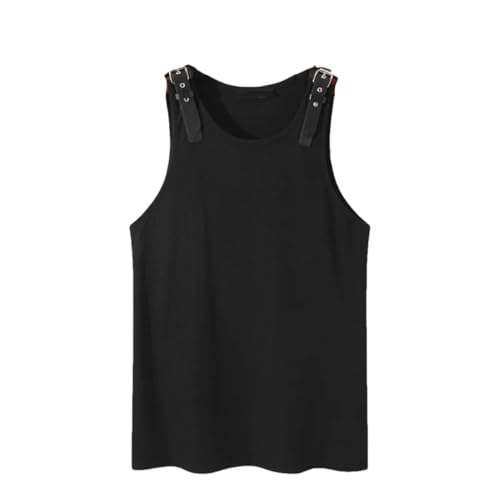 Fnfmrfmr Herren-Tanktop mit Rundhalsausschnitt, einfarbig, PU-Leder, Patchwork-Knöpfe, ärmellose Westen, Schwarz , L von Fnfmrfmr