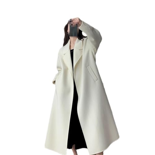 Fnfmrfmr Weißer Langer Wollmantel Für Damen, Herbst-Winter, Mittellange Reverstaschen, Wollmischungsjacken White M(95-105kg) von Fnfmrfmr
