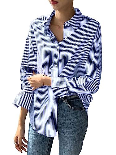 Frauen Lose Gestreifte Bluse Büro Drehen-Unten Kragen Langarm Lose Button Up Vintage Shirt Tops Blue M von Fnfmrfmr