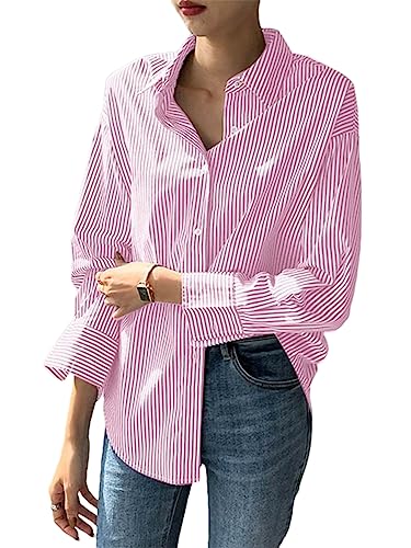 Frauen Lose Gestreifte Bluse Büro Drehen-Unten Kragen Langarm Lose Button Up Vintage Shirt Tops Merah Jambu XL von Fnfmrfmr