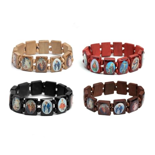4 Stück Holz Jesus Armband Saints Rosenkranz, dehnbares Holzarmband mit kleinen Platten, mit Bildern von religiösen Heiligen Jesus Geschenk für Männer und Frauen von Vineen