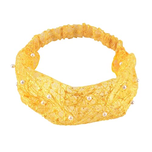 Stirnband Damen Koreanische Perle Wide-Cremed Hair Band Haarbezug Frauen Artefakt Haar Mesh Bandage Grenadine Stirnband Turban Waschen Headwear Gesichtswaschstirnband (Size : Yellow) von FnnEmg