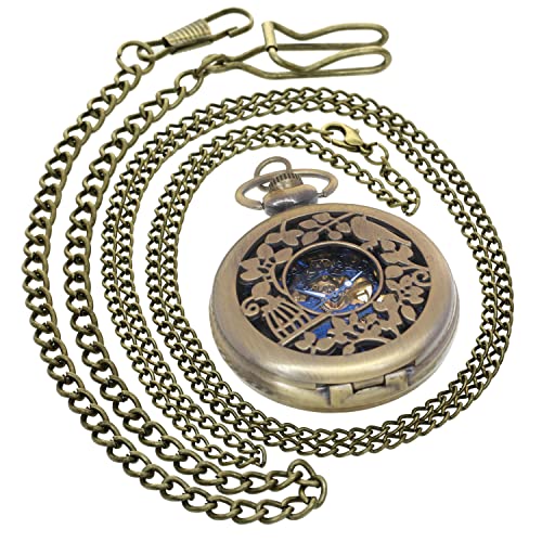 Mechanische Taschenuhr im Retro-Stil, hohl, Steampunk, römische Ziffern, Taschenuhr, für Herren und Damen, mit Kette + Geschenkbox, 273A1 Wonderland Bronze Blau 1 Stück, Big, Mechanisch von FobTime