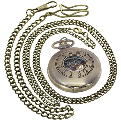 Retro Mechanische Handaufzug Taschenuhr Hohl Steampunk Römische Ziffern Taschenuhr für Männer Frauen mit Kette + Geschenkbox, 1 Stück Römische Ziffern Skala Hohlgehäuse Bronze Silber 276A2, Big von FobTime