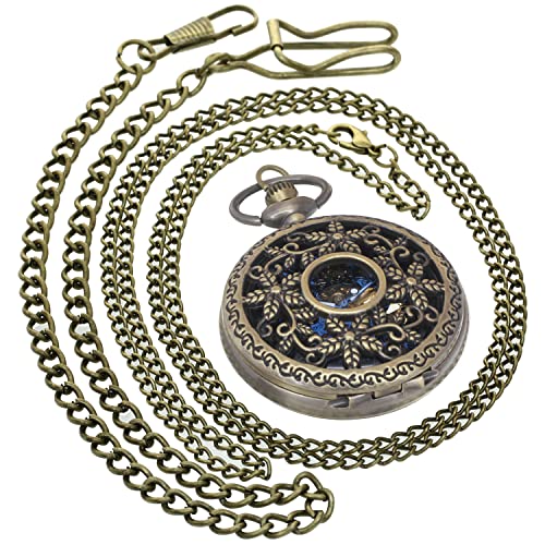 Retro Mechanische Handaufzug Taschenuhr Hohl Steampunk Römische Ziffern Taschenuhr für Männer Frauen mit Kette + Geschenkbox, 277A1 Floral Bronze Blau 1 Stück, Big von FobTime