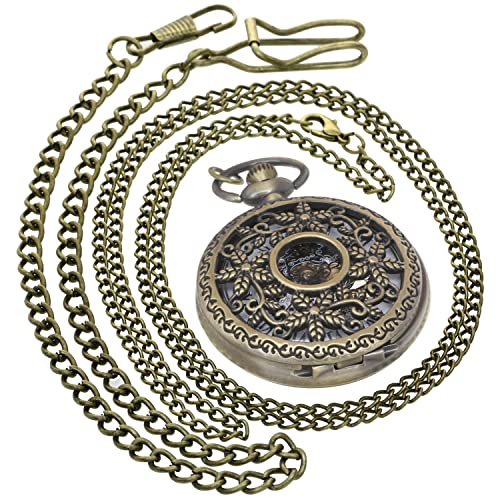 Retro Mechanische Handaufzug Taschenuhr Hohl Steampunk Römische Ziffern Taschenuhr für Männer Frauen mit Kette + Geschenkbox, 277A2 Floral Bronze Silber 1 Stück, Big von FobTime