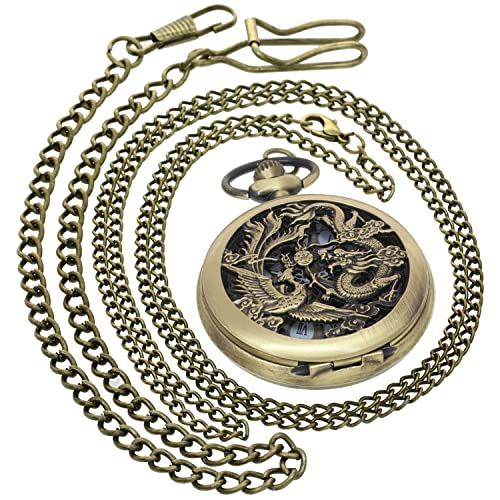 Retro Mechanische Handaufzug Taschenuhr Hohl Steampunk Römische Ziffern Taschenuhr für Männer Frauen mit Kette + Geschenkbox, 278A1 Drache und Phönix Bronze schwarz 1 Stück, Big von FobTime