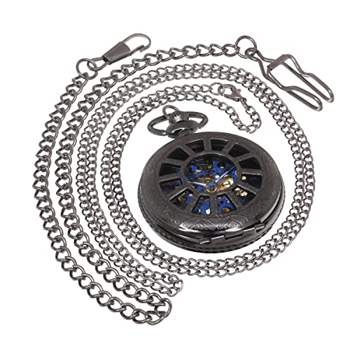 Retro Mechanische Handaufzug Taschenuhr Hohl Steampunk Römische Ziffern Taschenuhr für Männer Frauen mit Kette + Geschenkbox, 282A1 Rad schwarz blau 1 Stück, Big von FobTime