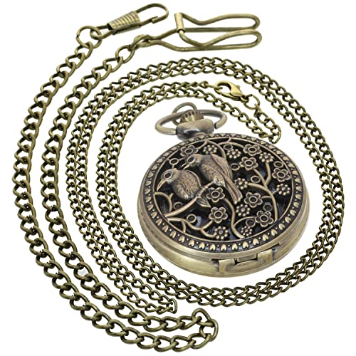 Retro Mechanische Handaufzug Taschenuhr Hohl Steampunk Römische Ziffern Taschenuhr für Männer Frauen mit Kette + Geschenkbox, Liebesvögel Bronze schwarz 1 Stück 279A1, Big von FobTime