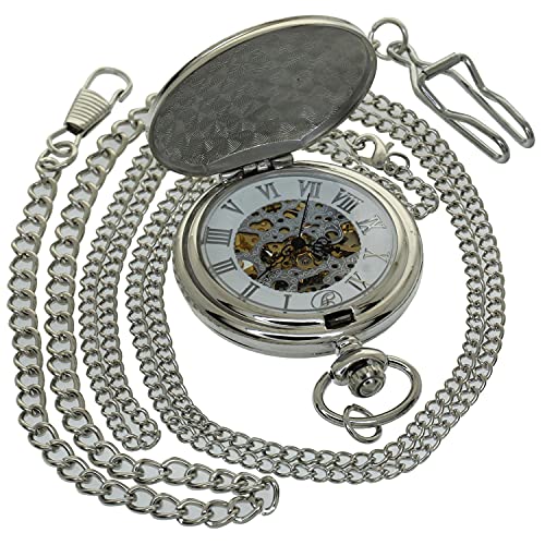 Vintage Uhr Halskette Steampunk Skelett Handaufzug Mechanische Taschenuhr Anhänger Römische Ziffern, 1 x graviertes Blumenetui Silber 198A3, Big von FobTime