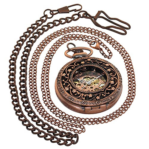 Vintage Uhr Halskette Steampunk Skelett Handaufzug Mechanische Taschenuhr Anhänger Römische Ziffern, 200A1 Hohlkammer-Blumen-Koffer Kupfer 1 Stück, Big von FobTime