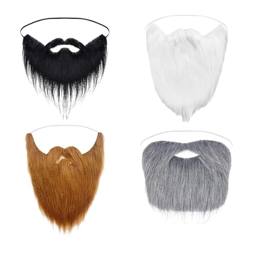 Focenat 4pcs Künstlicher Bart, Gefälschte Bärte Schnurrbärte, Halloween bart,lustiger Bart mit Verstellbarer Elastischer Kordel für Halloween Weihnachten Party Cosplay Zubehör Alter Mann Falsche Bärte von Focenat