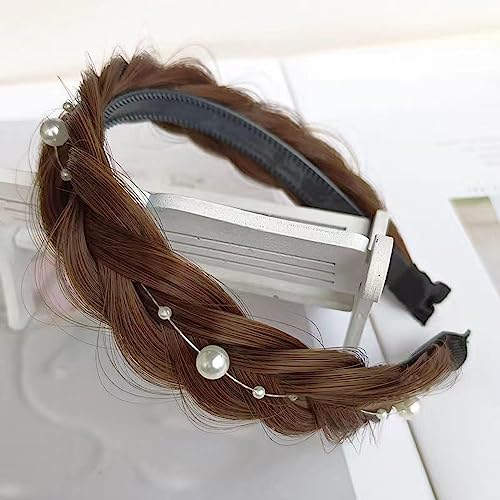 Haarschmuck Haargummis Haarspangen Neue Perle Fishbone Briad Perücke Haarbänder Für Frauen Breite Twist Perle Sring Zähne Stirnband Retro Haar Zubehör Kopfbedeckung Hellbraun von Focisa