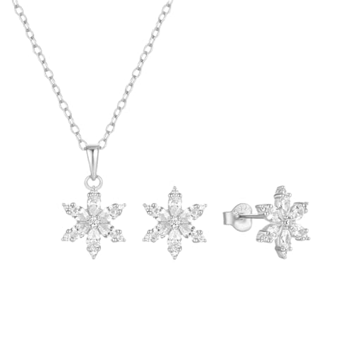 Halskette Ketten Schmuck Herren Frauen Anhänger Necklace 925 3-Teilige Schneeflocken-Halskette Und Gepiercte Ohrstecker Set Für Frauen Luxus-Schmuck-Party Silberfarbe von Focisa