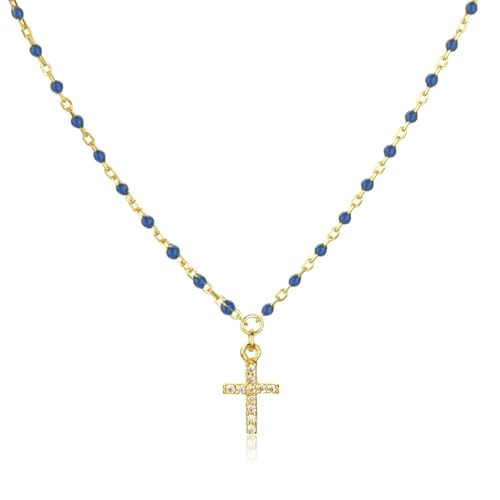 Halskette Ketten Schmuck Herren Frauen Anhänger Necklace 925 Kleines Kreuz Anhänger Halskette Rock Punk Mode Damen Accessoires Haute Joaillerie Blau-Gold von Focisa