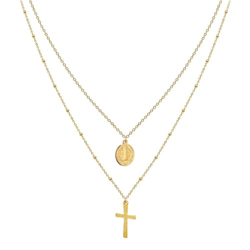 Halskette Ketten Schmuck Herren Frauen Anhänger Necklace Halskette Multi Layer Cross Halskette Frauen Christlicher Schmuck Agoldcolor von Focisa