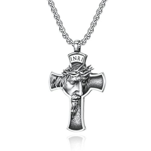 Halskette Ketten Schmuck Herren Frauen Anhänger Necklace Modischer Retro Jesus Kreuz Gesicht Herren Halskette Anhänger Box Kette Halskette Männer Und Frauen Anhänger Schmuck von Focisa