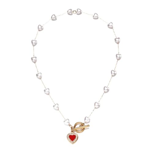 Halskette Ketten Schmuck Herren Frauen Anhänger Necklace Perlenstrang Herz Anhänger Halskette Frauen Toggle Herz Choker Halskette Schmuck Rot von Focisa