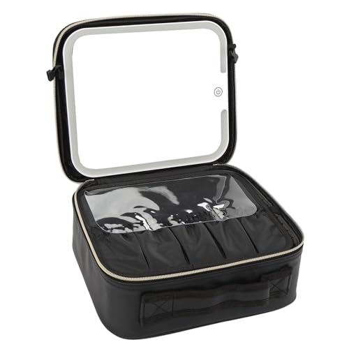 Make-up-Tasche mit LED-Spiegel, 3-farbig Beleuchtete Reise-Kosmetik-Aufbewahrungstasche aus PU-Leder, LED-Make-up-Etui, Tragbarer Make-up-Organizer mit Einstellbarer Helligkeit von Fockety