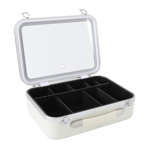 Reise-Make-up-Tasche mit LED-Spiegel, dimmbares Make-up-Etui mit 3 Farblichtern für Damen, tragbare Kosmetiktasche mit verstellbaren Trennwänden und Tragegriff für unterwegs von Fockety