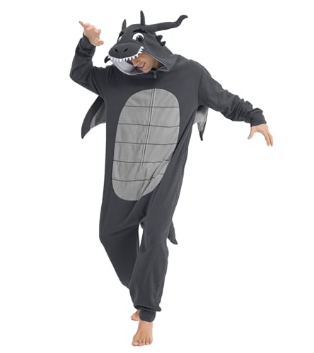 Focupaja Drache Onesie Erwachsene Tier-Cosplay Halloween Pyjamas Kostüme Overall Einteiler Nachtwäsche Grau XXL von Focupaja