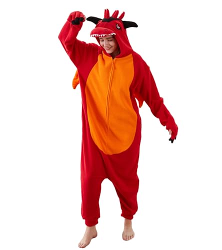 Focupaja Drache Onesie Schlafanzug Erwachsene Tier Cosplay Jumpsuit Halloween Kostüme Einteiler Schlafanzug Vielgehörnter Roter Drache S von Focupaja