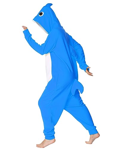 Focupaja Erwachsene Hai Strampelanzug Schlafanzug Tier Cosplay Kostüm Halloween Weihnachten Jumpsuit Schlafanzug für Frauen und Männer Blau L von Focupaja