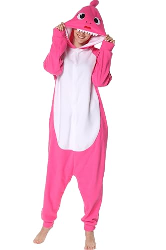 Focupaja Erwachsene Hai Strampelanzug Schlafanzug Tier Cosplay Kostüm Halloween Weihnachten Jumpsuit Schlafanzug für Frauen und Männer Rosarot M von Focupaja