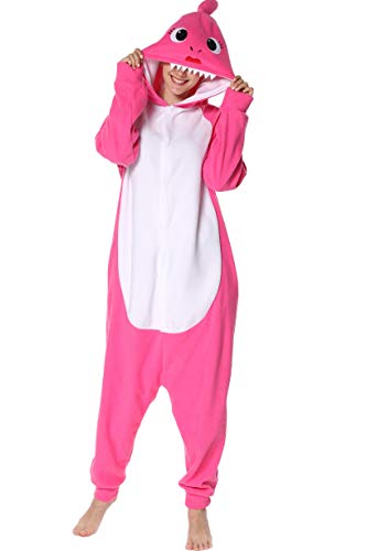 Focupaja Erwachsene Hai Strampelanzug Schlafanzug Tier Cosplay Kostüm Halloween Weihnachten Jumpsuit Schlafanzug für Frauen und Männer Rosarot XL von Focupaja