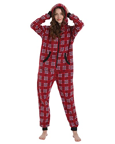 Focupaja Erwachsene Plaid Onesie Schlafanzug Pyjamas mit Kapuze Schlafanzug Weihnachten Fleece-Overall für Damen Herren Blaue Rot weiß L von Focupaja