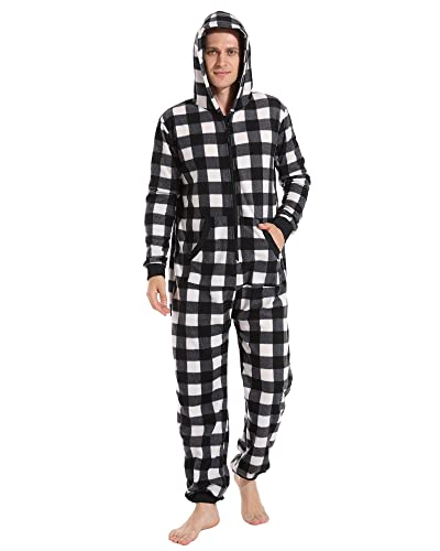 Focupaja Erwachsene Plaid Onesie Schlafanzug Pyjamas mit Kapuze Schlafanzug Weihnachten Fleece-Overall für Damen Herren Schwarz Weiß M von Focupaja