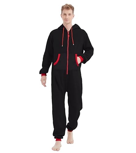 Focupaja Erwachsene Strampler Pyjama Jumpsuit mit Kapuze mit Taschen Zip Up Einteiler Weihnachten Familie Passend Nachtwäsche Loungewear für Frauen und Männer Schwarz-Roter Reißverschluss XL von Focupaja