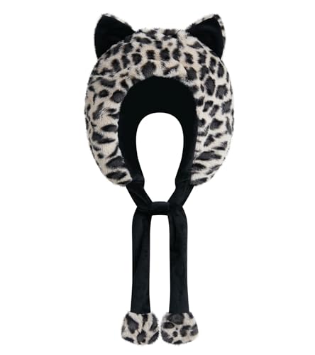 Focupaja Neuheit Tier Hut Plüsch Tier Mütze Warm Pelzige Wintermütze Niedlich Weich Party Kostüm Hut für Frauen Kinder Leopard Schwarz von Focupaja