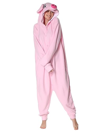 Focupaja Onesie Erwachsene Niedliches Schwein Cosplay Pyjama Tier Kostüm Nachtwäsche Halloween-Overall für Erwachsene Rosa M von Focupaja