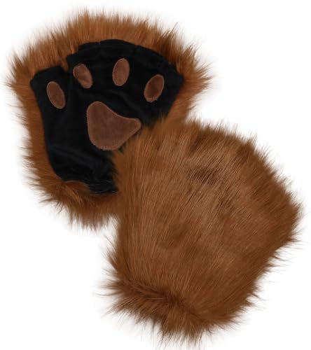 Focupaja Pelzige Bärentatzen Wolf Handschuhe - Faux Tier Cosplay Fingerlos, Niedliche Katze, Warme Plüsch Winterhandschuhe - Eine Größe Passt Alle - Kamel von Focupaja