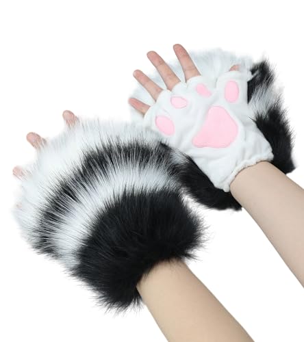 Focupaja Pelzige Niedliche Katze Handschuhe Faux Tier Cosplay Fingerlose Handschuhe Bär Wolf Pfoten Warme Plüsch Winterhandschuhe Eine Größe Passt Alle Schwarz Weiß von Focupaja