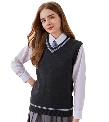 Focupaja Pullover Weste Strick V-Ausschnitt Ärmellos Pullover Halloween Cosplay Kostüme Cardigan Weste Weste Unisex Herbst Winter, Blau gestreift, X-Klein von Focupaja